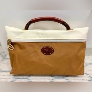 LONGCHAMP Vintage Rare Y2K Tan/Cream Color-Block Nylon Pouch W/ Leather Handle